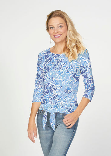Fusion Blue (2895) ~ French Terry Tie 3/4 Sleeve Top