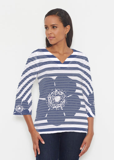 Poppy Navy Stripes-Dots (7028) ~ Banded 3/4 Bell-Sleeve V-Neck Tunic