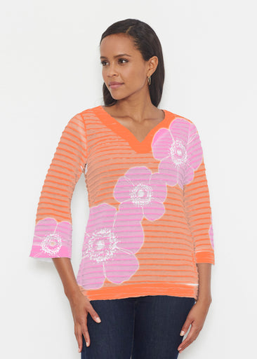 Poppy Orange-Pink (7108) ~ Banded 3/4 Bell-Sleeve V-Neck Tunic