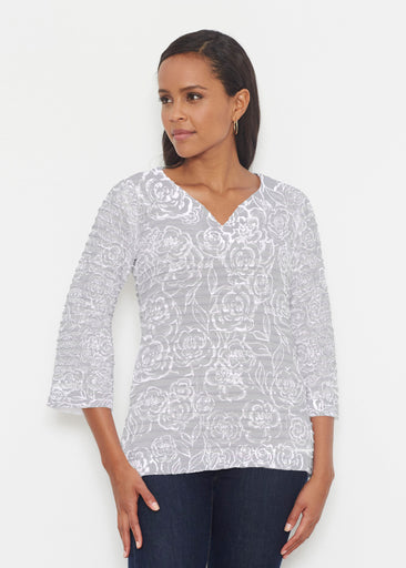 Freehand Floral Grey (7605) ~ Banded 3/4 Bell-Sleeve V-Neck Tunic