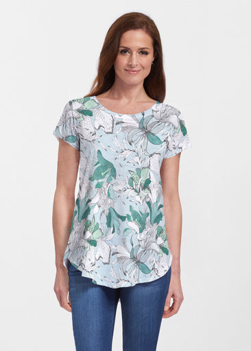 Pen and Ink Lily Seafoam (7621) ~ Signature Short Sleeve Scoop Neck Flowy Tunic