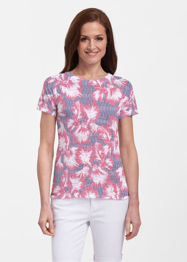 Graphic Floral Stripe (7645) ~ Sheer Short Sleeve Crew Shirt