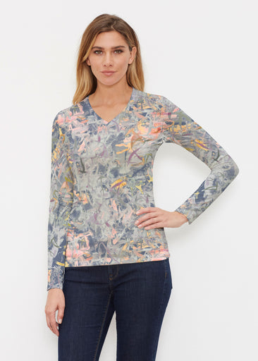 Floral Strokes Navy (7663) ~ Butterknit Long Sleeve V-Neck Top