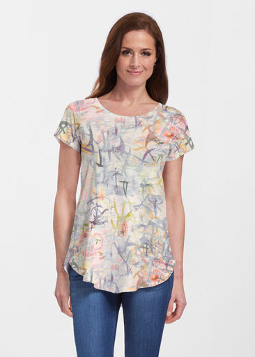 Floral Strokes Beige (7666) ~ Signature Short Sleeve Scoop Neck Flowy Tunic