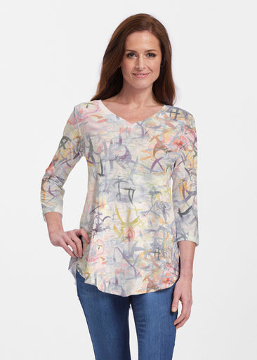 Floral Strokes Beige (7666) ~ Signature V-neck Flowy Tunic
