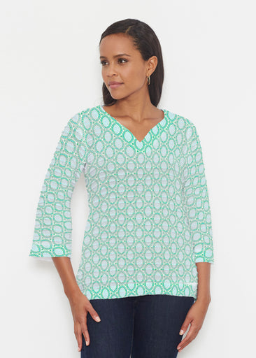 Coastal Lace Green (7686) ~ Banded 3/4 Bell-Sleeve V-Neck Tunic