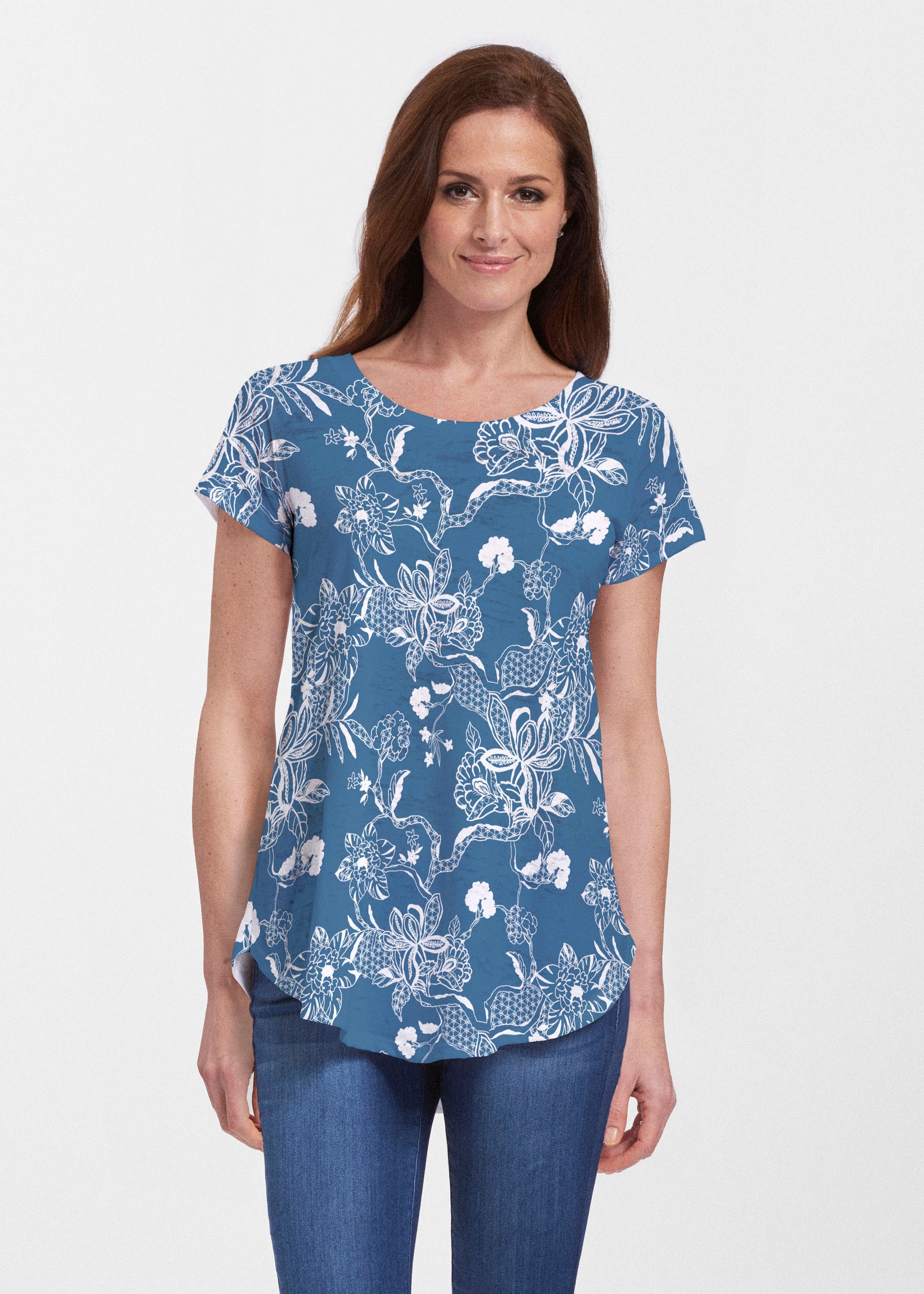 Lace Floral Navy (7687) ~ Signature Short Sleeve Scoop Neck Flowy Tuni – Whimsy  Rose