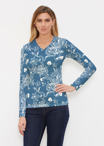 Lace Floral Navy (7687) ~ Butterknit Long Sleeve V-Neck Top