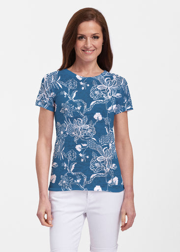 Lace Floral Navy (7687) ~ Sheer Short Sleeve Crew Shirt