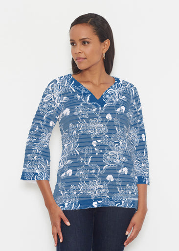 Lace Floral Navy (7687) ~ Banded 3/4 Bell-Sleeve V-Neck Tunic