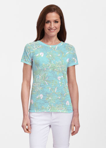 Lace Floral Aqua (7693) ~ Sheer Short Sleeve Crew Shirt