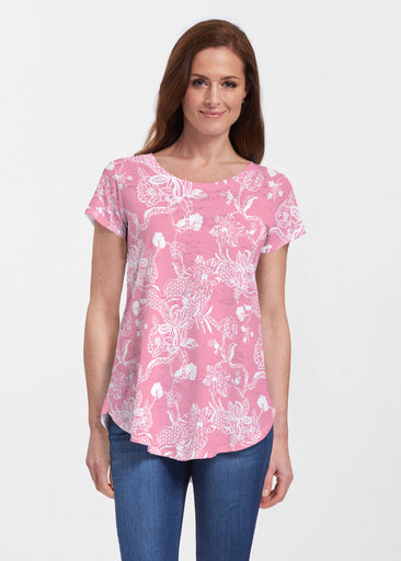 Lace Floral Pink (7694) ~ Signature Short Sleeve Scoop Neck Flowy Tunic