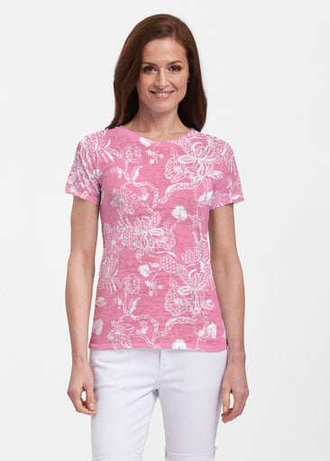 Lace Floral Pink (7694) ~ Sheer Short Sleeve Crew Shirt