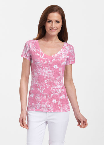 Lace Floral Pink (7694) ~ Sheer Short Sleeve V-Neck Shirt