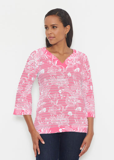 Lace Floral Pink (7694) ~ Banded 3/4 Bell-Sleeve V-Neck Tunic