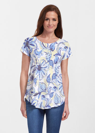 Baltic Watercolor Navy-Yellow (7698) ~ Signature Short Sleeve Scoop Neck Flowy Tunic