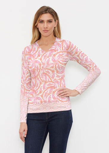 Coastal Paisley Pink (7754) ~ Butterknit Long Sleeve V-Neck Top
