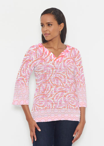 Coastal Paisley Pink (7754) ~ Banded 3/4 Bell-Sleeve V-Neck Tunic