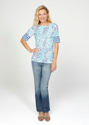 Cat Blue (7755) ~ Banded Elbow Sleeve Boat Neck Top