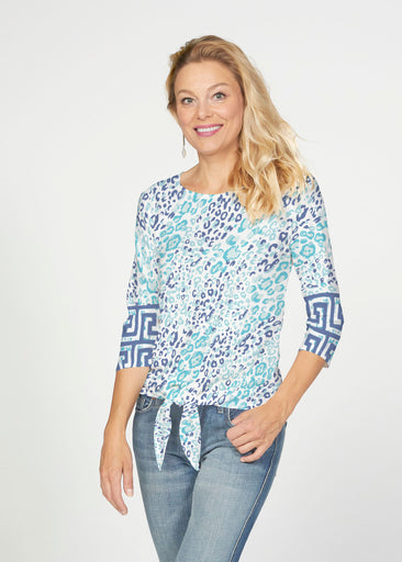 Cat Blue (7755) ~ French Terry Tie 3/4 Sleeve Top