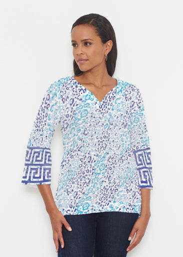 Cat Blue (7755) ~ Banded 3/4 Bell-Sleeve V-Neck Tunic