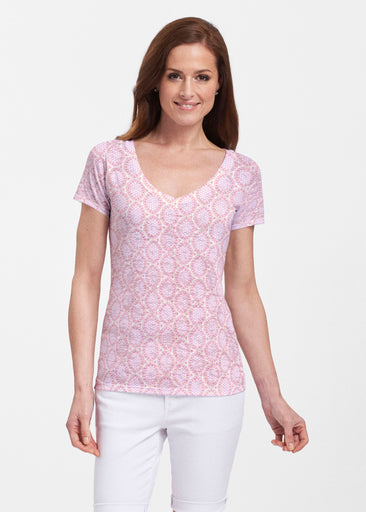 Coastal Lace Pink (7757) ~ Sheer Short Sleeve V-Neck Shirt