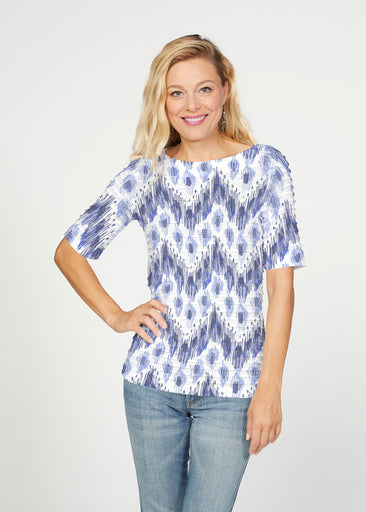 Tonal Waves Blue (7804) ~ Banded Elbow Sleeve Boat Neck Top