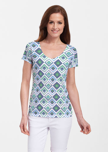 Cubed Blue (7807) ~ Sheer Short Sleeve V-Neck Shirt