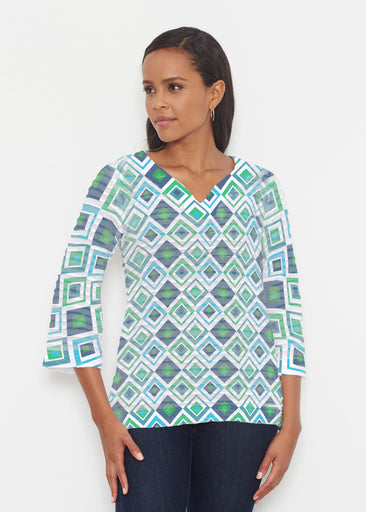 Cubed Blue (7807) ~ Banded 3/4 Bell-Sleeve V-Neck Tunic