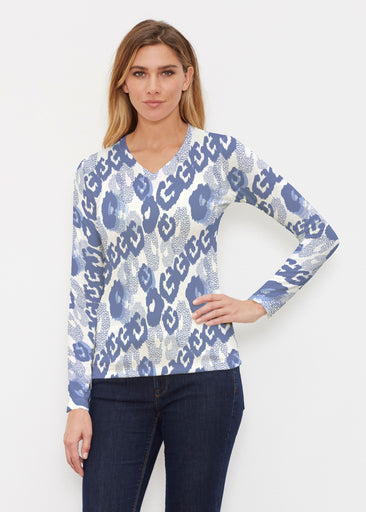 Royal Blue Ikat (7808) ~ Butterknit Long Sleeve V-Neck Top