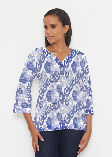 Royal Blue Ikat (7808) ~ Banded 3/4 Bell-Sleeve V-Neck Tunic