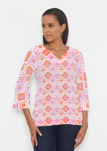 Cubed Pink (7809) ~ Banded 3/4 Bell-Sleeve V-Neck Tunic