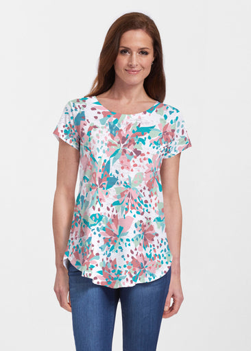 Floral Leopard Teal (7838) ~ Short Sleeve Scoop Neck Flowy Tunic