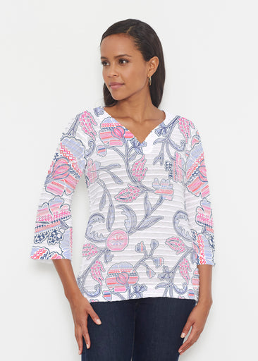 Patterns at Play Pink (7839) ~ Banded 3/4 Bell-Sleeve V-Neck Tunic