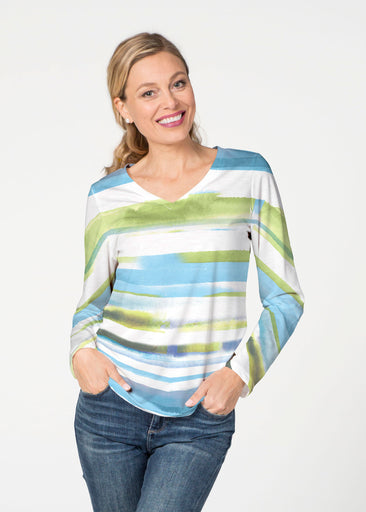 Multi Stripe Blue (7843) ~ French Terry V-neck Top