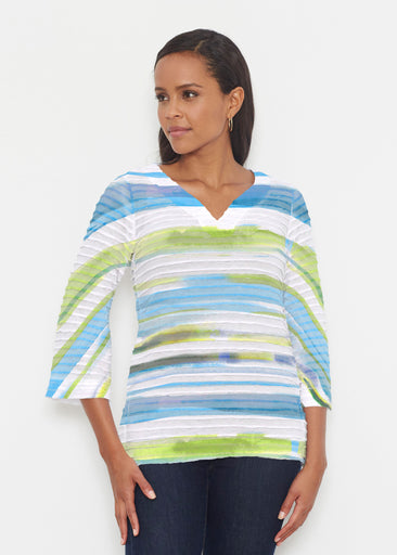 Multi Stripe Blue (7843) ~ Banded 3/4 Bell-Sleeve V-Neck Tunic