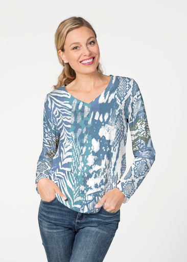 Jungle Warrior Blue (7850) ~ French Terry V-neck Top