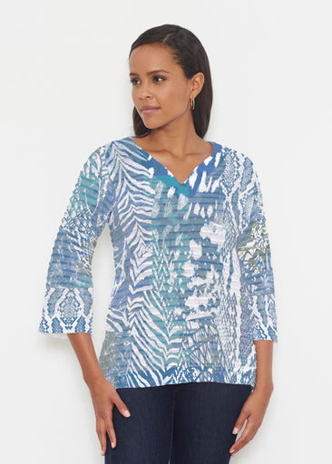 Jungle Warrior Blue (7850) ~ Banded 3/4 Bell-Sleeve V-Neck Tunic