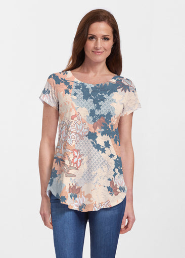 Oriental Floral (7868) ~ Short Sleeve Scoop Neck Flowy Tunic