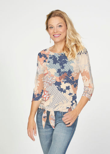 Oriental Floral (7868) ~ French Terry Tie 3/4 Sleeve Top