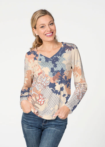 Oriental Floral (7868) ~ French Terry V-neck Top