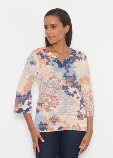 Oriental Floral (7868) ~ Banded 3/4 Bell-Sleeve V-Neck Tunic