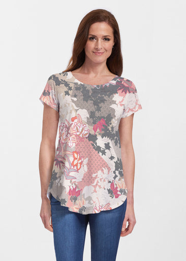 Oriental Floral Grey (7876) ~ Short Sleeve Scoop Neck Flowy Tunic