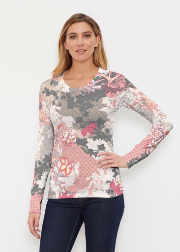 Oriental Floral Grey (7876) ~ Thermal Long Sleeve Crew Shirt