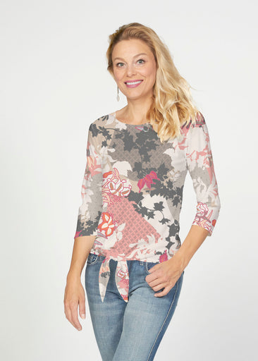 Oriental Floral Grey (7876) ~ French Terry Tie 3/4 Sleeve Top