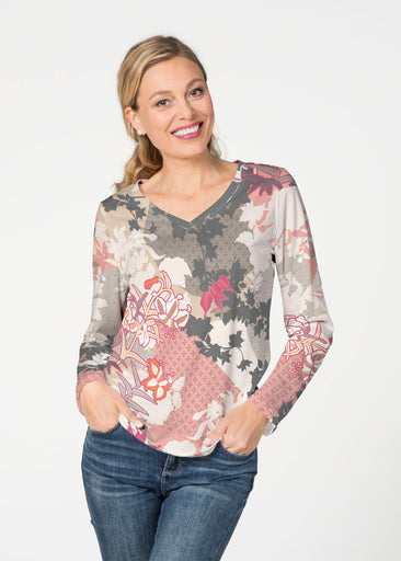 Oriental Floral Grey (7876) ~ French Terry V-neck Top