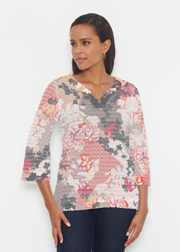 Oriental Floral Grey (7876) ~ Banded 3/4 Bell-Sleeve V-Neck Tunic