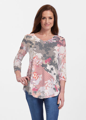 Oriental Floral Grey (7876) ~ V-neck Flowy Tunic