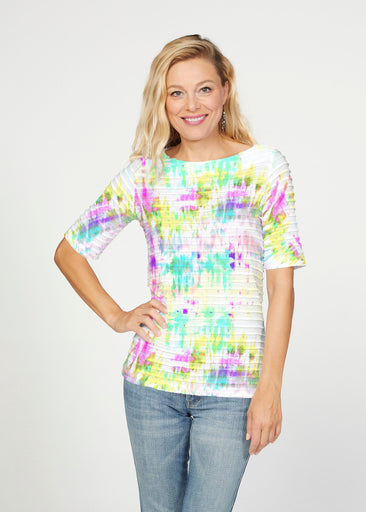 Summer Tie Dye (7878) ~ Banded Elbow Sleeve Boat Neck Top