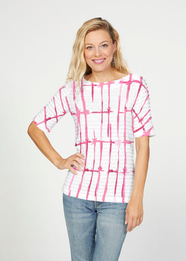 Knotted Pink (7897) ~ Banded Elbow Sleeve Boat Neck Top